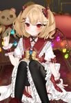  1girl absurdres alternate_costume black_choker blonde_hair bow choker closed_mouth crystal crystal_wings flandre_scarlet frilled_skirt frills hair_between_eyes hair_ornament hairclip highres looking_at_viewer okome2028 puffy_short_sleeves puffy_sleeves red_eyes short_sleeves sitting skirt smile solo stuffed_animal stuffed_toy teddy_bear thighhighs touhou wings wrist_cuffs 