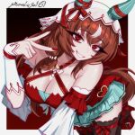  1girl absurdres alternate_breast_size_(larger) animal_ears bare_shoulders black_thighhighs breasts brown_hair cleavage collarbone detached_sleeves dress ear_covers ear_ribbon grin hair_between_eyes hair_ornament high_heels highres horse_ears horse_girl horse_tail junoelise161 large_breasts long_hair looking_at_viewer open_mouth red_dress red_eyes red_nails ribbon smile solo still_in_love_(scarlet_vow_raiment)_(umamusume) still_in_love_(umamusume) tail teeth thighhighs umamusume v veil white_streaks white_veil 