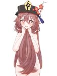  1girl black_headwear blush brown_hair completely_nude cowboy_shot embarrassed fang flower genshin_impact hair_censor hair_over_breasts hair_over_crotch half-closed_eyes hand_in_own_hair hat hat_flower highres hu_tao_(genshin_impact) long_hair nude open_mouth red_eyes se_pex simple_background solo symbol-shaped_pupils tears top_hat very_long_hair wavy_mouth white_background 