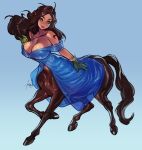 2025 5_fingers breasts brown_body brown_fur brown_hair brown_tail centaur digital_drawing_(artwork) digital_media_(artwork) equid equid_taur european_mythology female fingers front_view fur furlana greek_mythology green_eyes hair hooves humanoid_taur mammal mammal_taur mythology simple_background smile solo standing tail taur