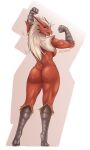 2025 3:5 anthro athletic athletic_female avian_feet back_boob biceps biped blaziken blue_eyes breasts butt female flexing generation_3_pokemon hair hi_res long_hair looking_back medium_breasts nintendo nude open_mouth pokemon pokemon_(species) pose rear_view seriousb short_tail solo standing tail white_hair
