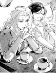  2girls classicaloid closed_eyes coffee collarbone cup eyelashes franz_liszt_(classicaloid) greyscale hair_ornament hairclip highres long_hair monochrome multiple_girls octahooves open_mouth otowa_kanae plate shirt short_hair spoon stretching very_long_hair 