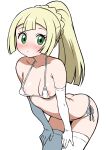  1girl areola_slip bare_shoulders bikini blonde_hair blush breasts ecgg_(tsuji418477) elbow_gloves gloves green_eyes hand_on_own_knee highres lillie_(pokemon) long_hair looking_at_viewer micro_bikini nipple_slip nipples pokemon pokemon_sm ponytail side-tie_bikini_bottom simple_background solo stomach swimsuit thighhighs white_background 
