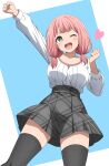 1girl ;d arm_up bang_dream! black_thighhighs breasts colored_skin commentary green_eyes grey_skin hand_up heart highres large_breasts long_sleeves medium_hair noshimurin one_eye_closed open_mouth pink_hair pleated_skirt shirt skirt smile solo teeth thighhighs twintails uehara_himari upper_body upper_teeth_only white_shirt 
