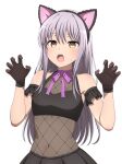  1girl absurdres animal_ear_hairband animal_ears bang_dream! blush breasts brown_eyes brown_gloves cat_ears claw_pose commentary fake_animal_ears gloves grey_hair hairband highres long_hair minato_yukina navel noshimurin open_mouth simple_background small_breasts solo sweatdrop teeth upper_teeth_only white_background 