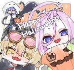  aino_(genshin_impact) bangs_pinned_back braid braided_hair_rings crossed_bangs flins_(genshin_impact) foamzz genshin_impact ghost_costume hair_rings halloween_bucket happy_halloween highres jack-o&#039;-lantern jahoda_(genshin_impact) no_pupils pink-tinted_eyewear screw_hair_ornament sheet_ghost sleeves_past_fingers sleeves_past_wrists smile star-shaped_pupils star_(symbol) symbol-shaped_pupils tinted_eyewear 