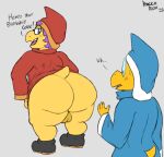  anthro balls big_butt bodily_fluids butt clothed clothing clothing_lift duo eyewear flashing footwear genitals glasses hi_res huge_butt kamek koopa magikoopa male male/male mario_bros nintendo roccorox scales scalie shoes short_tail simple_background sweat video_games watermark yellow_body yellow_scales 