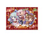  3girls alternate_costume animal_costume animal_ears anime_coloring antlers arm_up armlet artist_name bare_shoulders bell belt belt_buckle black_belt black_boots black_gloves black_thighhighs blue_hair blunt_bangs blush_stickers boots border bow bowtie braid breasts brown_belt brown_boots brown_hair brown_shirt brown_shorts buckle buttons carrying_over_shoulder chibi christmas cleavage deer_ears dress elbow_gloves fake_animal_ears fake_antlers fingerless_gloves footwear_bow frilled_dress frilled_skirt frills fur-trimmed_boots fur-trimmed_dress fur-trimmed_headwear fur-trimmed_thighhighs fur_scarf fur_trim gecchu gift gloves gold_buckle green_bow hair_bell hair_bow hair_ornament hand_on_own_hip happy hat highres holding holding_gift holding_sack holly_hair_ornament horns house jewelry knee_boots large_breasts leaning_forward leg_up long_hair long_sleeves low_ponytail magia_record:_mahou_shoujo_madoka_magica_gaiden mahou_shoujo_madoka_magica merry_christmas microskirt midriff minami_rena miniskirt multiple_girls navel night official_style one_eye_closed open_mouth orange_eyes outdoors outstretched_arms pink_bow pink_eyes pink_hair pink_skirt pom_pom_(clothes) ponytail print_dress red_background red_bow red_bowtie red_dress red_gloves red_hat red_skirt reindeer_antlers reindeer_costume sack sample_watermark santa_hat scarf shirt short_dress shorts side_ponytail sidelocks skirt skirt_set skirt_under_dress smile snowflake_print snowing star_(symbol) star_hair_ornament strapless strapless_dress tamaki_iroha tareme thigh_boots thighhighs tree twin_braids vertical-striped_background very_long_hair watermark white_border white_scarf winter yui_tsuruno 