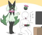 2025 ambiguous_gender anthro blush blush_lines claws controller duo electronics eyeless featureless_crotch felid feline flat_chested fur generation_9_pokemon green_body green_fur green_hair hair holding_object human japanese_text kneeling mammal meowscarada narrowed_eyes nintendo nintendo_switch open_mouth paws pokemon pokemon_(species) red_eyes simple_background sparkles tail television text tongue translation_request ylit