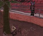 2017 aliasing anthro avian bird black_bottomwear black_clothing black_pants blue_body blue_fur bottomwear brown_clothing brown_shirt brown_topwear canid canine canis clothed clothed_anthro clothed_male clothing coyote demensa detailed_background digital_media_(artwork) emil_(demensa) fence fully_clothed fully_clothed_anthro fully_clothed_male fur male mammal pants shirt solo topwear