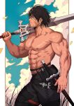  1boy abs bara bare_pectorals biceps blue_sky clive_rosfield closed_mouth cloud cloudy_sky earrings english_commentary facing_to_the_side final_fantasy final_fantasy_xvi grass highres holding holding_sword holding_weapon jewelry looking_to_the_side male_focus muscular muscular_male navel nipples pectorals scar scar_on_face sheath sheathed sky sword topless_male veins veiny_arms weapon xelgot 