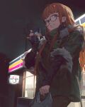  1girl bag bangs black-framed_eyewear blue_eyes blunt_bangs can clenched_teeth eyebrows_visible_through_hair fajyobore fur-trimmed_jacket fur_trim glasses green_jacket highres holding holding_bag holding_can jacket long_hair long_sleeves looking_at_viewer night night_sky orange_hair outdoors persona persona_5 sakura_futaba sky smile solo teeth 