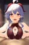  1boy 1girl 4tb_(4tera_byte) ahoge bangs bare_arms blue_hair blush breast_squeeze breasts censored covered_nipples cum cum_on_body cum_on_breasts cum_on_clothes ejaculation eyebrows_visible_through_hair ganyu_(genshin_impact) genshin_impact hetero highres horns long_hair looking_at_viewer medium_breasts mosaic_censoring motion_lines open_mouth paizuri paizuri_under_clothes pov purple_eyes sidelocks smile solo_focus sweat torn_clothes upper_body 