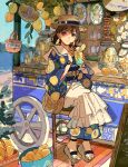  1girl anchor_symbol bag beach blue_kimono bottle branch brown_eyes brown_hair chili_pepper cup day drinking_glass drinking_straw earrings food food-themed_earrings food_stand fruit fruit_basket full_body garlic hat highres holding holding_cup ice_cream ice_cream_float japanese_clothes jar jewelry kimono lemon lemon_earrings lemon_print lemon_slice looking_at_viewer medium_hair menu_board ocean original overskirt platform_footwear print_kimono qooo003 sailor_collar sandals shoulder_bag sitting skirt smile solo stool straw_hat watch white_skirt wristwatch 