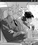  1boy 1girl art_program_in_frame classicaloid collared_shirt crossed_arms drooling greyscale hair_ornament hairclip highres looking_outside ludwig_van_beethoven_(classicaloid) monochrome motion_blur necktie octahooves otowa_kanae ribbed_sweater shirt short_hair sitting spiked_hair suit sweater train_interior 
