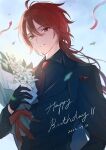  1boy bangs birthday black_gloves black_jacket bouquet confetti dated diluc_(genshin_impact) flower genshin_impact gloves hair_between_eyes happy_birthday highres holding holding_bouquet jacket long_hair looking_at_viewer male_focus mskmmti necktie red_eyes red_hair red_necktie shirt sky solo streamers upper_body white_flower white_shirt 