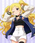  1girl arms_up black_choker blonde_hair breasts choker commentary_request cowboy_shot drop_shadow emily_stewart game_cg idolmaster idolmaster_million_live! idolmaster_million_live!_theater_days jacket jewelry letterman_jacket light_blush long_hair long_sleeves necklace official_alternate_costume official_art one_eye_closed open_clothes open_jacket parted_lips purple_eyes shoes solo standing sukajan_gyarus_(idolmaster) third-party_source twintails white_shoes 