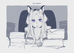  1girl animal_ears arknights border chair greyscale hairband heavyrain_(arknights) highres horse_ears long_hair looking_at_viewer mirin_chikuwa monochrome paper_stack purple_eyes sidelocks sitting solo spot_color twitter_username upper_body white_border 