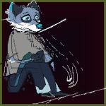 1:1 2017 anthro blue_body blue_fur blue_nose border canid canine canis clothing coyote demensa digital_media_(artwork) emil_(demensa) fur green_border grey_clothing grey_shirt grey_topwear male mammal pixel_(artwork) shirt sitting solo surrealism topwear white_body white_fur