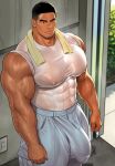  1boy abs arm_hair bandaid bandaid_on_face bandaid_on_forehead bara biceps black_hair broad_shoulders brown_eyes bulge chest_hair covered_abs covered_nipples facial_hair grey_pants highres huge_pectorals kuromine_hiraya large_bulge male_focus muscular muscular_male nipples original pants shirt sleeves_rolled_up solo stomach_hair stubble sweat thick_arms thick_eyebrows thick_thighs thighs towel towel_around_neck veins veiny_arms wet wet_clothes wet_shirt white_shirt 