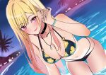  1girl bare_shoulders bikini black_bikini blonde_hair blush breasts choker cleavage collarbone ear_piercing floral_print gradient_hair groin highres jewelry kitagawa_marin long_hair looking_at_viewer medium_breasts multicolored_hair nakano_kura navel necklace open_mouth partially_submerged piercing pink_eyes smile solo sono_bisque_doll_wa_koi_wo_suru swimsuit thighs 