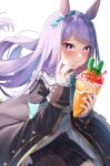  1girl animal_ears aqua_bow aqua_ribbon black_jacket black_skirt blue_shirt blush bow carrot closed_mouth coat crepe ear_bow ear_ribbon food food_on_face frilled_coat frilled_jacket frills fruit highres holding holding_crepe holding_food horse_ears horse_girl jacket long_hair long_sleeves looking_at_viewer mejiro_mcqueen_(frontline_elegance)_(umamusume) mejiro_mcqueen_(umamusume) no_tail paku_paku_desuwa pleated_skirt purple_eyes purple_hair ribbon shirt simple_background skirt smile solo strawberry striped_clothes striped_shirt umamusume white_background white_shirt yume_30_31 