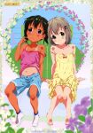  2girls absurdres artist_name bangs barefoot bed_sheet black_hair blue_shorts blush bow bowtie closed_mouth dress eyebrows_visible_through_hair floral_background green_eyes grey_hair hair_ornament hairclip highres kuraue_hinata looking_at_viewer makinon_tm multiple_girls navel off_shoulder pink_shirt purple_eyes scan shirt short_hair shorts sitting sleeveless sleeveless_dress sleeveless_shirt socks sweatdrop tan white_legwear yama_no_susume yellow_dress yukimura_aoi 