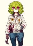  1girl blood blood_on_clothes blue_pants breasts closed_mouth cosplay cowboy_shot drive_(movie) driver_(drive) driver_(drive)_(cosplay) expressionless flower green_hair hair_between_eyes hammer hand_in_pocket holding holding_hammer jacket kazami_yuuka large_breasts looking_at_viewer pants rampa93 red_eyes scorpion_print short_hair simple_background solo sunflower touhou white_background white_jacket 