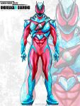  1boy armor blue_armor blue_helmet bodysuit crazy_diamond diamond_wa_kudakenai full_body fusion helmet highres jojo_no_kimyou_na_bouken kamen_rider kamen_rider_zeztz kamen_rider_zeztz_(series) male_focus pink_bodysuit standing tokusatsu zagizagi zeztz_driver zoom_layer 