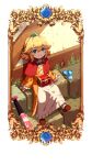  1girl absurdres baseball_bat blonde_hair blue_gemstone border brown_shoes capelet dress frills gem grass green_eyes guardian_tales highres im_good_news korean_commentary little_princess_(guardian_tales) long_dress mouse_(animal) mouse_hole pixel_art princess red_capelet shoes sitting smile solo tiara treasure_chest white_dress 