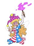  1girl :d american_flag_dress american_flag_legwear bangs blonde_hair blush_stickers clownpiece commentary eddybird55555 eyebrows_visible_through_hair fairy fairy_wings frilled_shirt_collar frills full_body hat highres holding holding_torch jester_cap long_hair looking_at_viewer neck_ruff no_shoes open_mouth pantyhose polka_dot purple_eyes ringed_eyes romaji_commentary simple_background smile solo torch touhou v very_long_hair white_background wings 