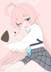  1girl :d absurdres ahoge black_skirt blue_archive blue_eyes blue_necktie blush character_request check_character cleffa collared_shirt creature fang halo highres holding holding_creature holding_pokemon hoshino_(blue_archive) hug long_hair long_sleeves looking_at_viewer mistel_(sukebemistel) necktie one_eye_closed open_mouth outline pink_background pink_hair pink_halo plaid_clothes plaid_skirt pokemon_(creature) shirt skin_fang skirt smile solo white_outline white_shirt 