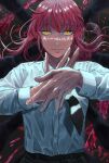  1girl bangs black_necktie blood blood_splatter blush breasts business_suit chainsaw_man dda_gae_bi formal highres long_hair long_sleeves looking_at_viewer makima_(chainsaw_man) medium_breasts necktie own_hands_together red_hair ringed_eyes sinister solo suit yellow_eyes 