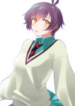  1girl amate_yuzuriha amate_yuzuriha_(cosplay) antenna_hair aqua_shirt aqua_skirt collared_shirt commentary_request cosplay dress_shirt gundam gundam_gquuuuuux highres kantai_collection long_sleeves looking_at_viewer necktie orange_eyes purple_hair red_necktie sakawa_(kancolle) school_uniform shirt short_hair skirt solo striped_necktie sweater tsukasa_(tukasa_br) upper_body white_sweater 