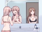  2girls absurdres bang_dream! bang_dream!_it&#039;s_mygo!!!!! bathroom black_bra bra breasts brown_hair chihaya_anon cleavage closed_mouth commentary fang faucet grey_eyes hickey highres large_breasts long_hair mirror multiple_girls nagasaki_soyo open_mouth panties pink_bra pink_hair pink_panties reflection shibadooog sink small_breasts soap_bottle underwear underwear_only yuri 