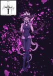  black_background breasts collarbone colored_skin covered_navel daemon_(warhammer) demon_girl demon_horns demon_tail extra_arms forehead_jewel futanari highres horns large_breasts leotard long_fingers long_hair looking_at_viewer polka_dot polka_dot_background purple_leotard purple_skin slaanesh smile tail teh_dandelion thighhighs warhammer_40k white_hair 