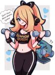  1girl :t ? ?? alternate_costume black_bow black_pants black_shirt black_sports_bra blonde_hair blue_eyes bow breasts cleavage cynthia_(pokemon) dumbbell english_text furrowed_brow gible hair_bow hair_ornament hair_over_one_eye heart highres holding large_breasts lifting long_hair midriff mouth_hold navel pants pokemon pokemon_(creature) pokemon_(game) pokemon_dppt ponytail pout print_shirt shirt sports_bra stomach thought_bubble touyarokii wide_hips wristband yoga_pants 