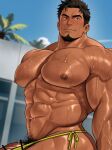  1boy abs bar_censor bara biceps bikini blush broad_shoulders brown_eyes brown_hair censored chest_hair coconut_tree facial_hair goatee groin highres huge_pectorals kuromine_hiraya looking_to_the_side male_focus male_swimwear muscular muscular_male mustache_stubble navel nipple_hair nipples original palm_tree penis penis_peek pubic_hair shiny_skin solo stubble swimsuit thick_arms thick_eyebrows thong_bikini tree upper_body veins veiny_arms veiny_penis wet yellow_male_swimwear 