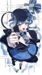  1girl :d arm_up black_capelet black_hat black_pantyhose blue_hair blue_skirt braid braided_hair_rings capelet d4kou16 deerstalker detective frilled_skirt frills from_above full_body hair_rings hat holding holding_magnifying_glass long_sleeves looking_at_viewer magnifying_glass mahou_shoujo_no_majo_saiban open_mouth pantyhose short_hair single_leg_pantyhose skirt smile solo sparkle standing standing_on_one_leg tachibana_sherry white_background yellow_eyes 