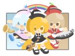  3girls baek_ban black_hat black_skirt black_vest blonde_hair blue_hair blush_stickers brown_hair bugle commentary crescent crescent_hat_ornament double-parted_bangs floating_instrument hat hat_ornament instrument keyboard_(instrument) korean_commentary lunasa_prismriver lyrica_prismriver mary_janes merlin_prismriver multiple_girls outstretched_arms pink_hat pink_skirt pink_vest rainbow red_hat red_skirt red_vest shoes siblings sisters skirt smile socks star_(symbol) star_hat_ornament sun_hat_ornament touhou trumpet vest violin white_socks 