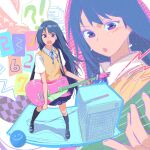  !? 1girl :o absurdres amplifier black_shoes black_socks blue_hair blue_necktie blue_skirt blush bow bowtie collared_shirt dini_illust electric_guitar fingernails fretless_guitar fretless_instrument from_above full_body guitar highres holding holding_instrument instrument kneehighs multiple_views music necktie open_mouth original playing_guitar playing_instrument pleated_skirt purple_eyes shirt shoes short_sleeves skirt socks solo sweater_vest white_shirt 