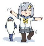  1girl black_pantyhose closed_eyes commentary_request facing_viewer grey_hair grey_sailor_collar grey_skirt hair_ornament hair_over_one_eye hairclip hama!_(3toshinhmkz) hamakaze_(kancolle) kantai_collection neckerchief no_nose pantyhose pleated_skirt sailor_collar school_uniform serafuku short_hair simple_background skirt solo standing standing_on_one_leg stuffed_animal stuffed_shark stuffed_toy white_background yellow_neckerchief 