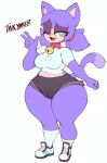 anthro bell bell_collar black_bottomwear black_clothing black_shorts blue_clothing blue_eyes blue_footwear blue_socks blue_topwear bottom_heavy bottomwear breasts camel_toe clothed clothing collar dipstick_tail domestic_cat eyelashes eyeshadow fan_character felid feline felis female footwear front_view fur gesture hand_gesture hi_res looking_at_viewer makeup mammal markings one_eye_closed purple_body purple_eyeshadow purple_fur sega shoes shorts simple_background socks solo sonic_the_hedgehog_(series) tail tail_markings takynu90 tan_body tan_fur thick_thighs topwear v_sign white_background white_clothing white_footwear white_shoes wide_hips wink winking_at_viewer