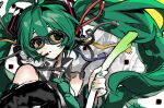 1girl :o bare_shoulders cable detached_sleeves food green_eyes green_hair green_necktie hanaseto hatsune_miku headset highres holding holding_food holding_spring_onion holding_vegetable long_hair looking_at_viewer necktie parted_lips solo spring_onion twintails vegetable vocaloid 