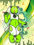 2000s_theme ambiguous_gender anthro bugisinx_(artist) canid canine canis domestic_dog frutiger_metro fur green_body green_fur hi_res humanoid idog mammal pawpads robot_anthro sega sega_fave solo speaker translucent_ears translucent_tail y2k_(graphic_design)