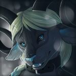 anthro black_horn blue_eyes blue_nose blue_tongue bovid caprine collar demon fur goat green_hair grey_body grey_fur grey_inner_ear_fluff hair hi_res horn inner_ear_fluff lunakia male mammal multicolored_body multicolored_fur open_mouth portrait sharp_teeth solo teeth tongue tuft