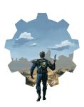  1boy ammunition_pouch armor back black_hair blue_sky boot_knife cloud cloudy_sky fallout fallout_1 fernando_correa gears gun handgun highres knife mountainous_horizon pauldrons pouch shoulder_armor signature single_pauldron sky vault_dweller vault_suit walking weapon white_background 