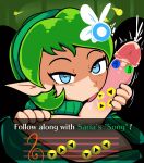 blue_eyes clothing duo eyelashes female first_person_view front_view genitals green_clothing green_hair green_sweater green_topwear hair heart_eyes heart_symbol hi_res humanoid humanoid_pointy_ears kokiri licking looking_at_viewer male male/female nintendo oral penile penis penis_lick pointy_ears saltiest saria sex short_hair sweater tan_body tan_skin text the_legend_of_zelda tongue topwear