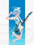  1girl :d alternate_costume armpits arona_(blue_archive) bare_arms bare_legs belly black_shirt blue_archive blue_background blue_hair blue_halo blue_nails blush cable choker closed_eyes commentary cropped_shirt electric_guitar flying_sweatdrops from_side gradient_clothes gradient_shirt guitar hair_ornament hair_ribbon halo hand_up highres holding holding_guitar holding_instrument holding_plectrum instrument jumping multicolored_hair nail_polish open_mouth pillarboxed pink_hair plectrum quilt_heron ribbon sailor_collar shirt shoes short_hair skirt smile sweatdrop two-tone_hair white_choker white_ribbon white_sailor_collar white_shoes white_skirt 