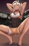  1girl abs armpits arms_behind_head bea_(pokemon) blue_eyes blurry blurry_background blush breasts dark-skinned_female dark_skin exercise fluffydus from_below grey_hair gym_uniform hair_ribbon highres knees_up medium_breasts muscular muscular_female open_mouth pokemon pokemon_(game) pokemon_swsh ribbon short_hair signature sportswear squatting steam steaming_body sweat tiptoes 